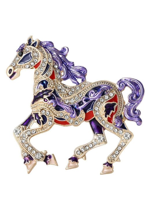 Brosa/pin din metal emailat cu cristale, design cal retro european, Mov, 4.7x4.9 cm