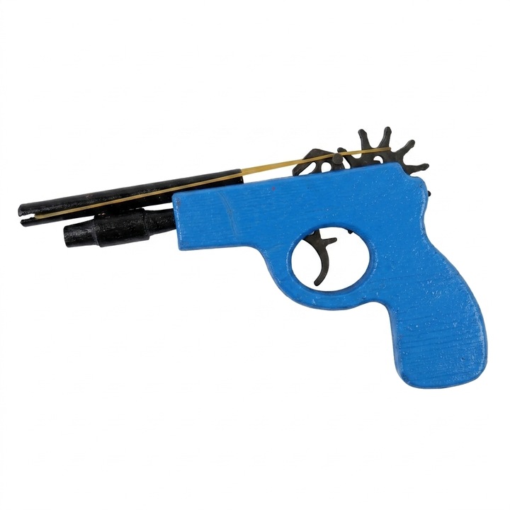 Pistol de jucarie din lemn pentru copii, dimensiuni 22x12 cm, cu mecanism de tragere si elastice de cauciuc incluse, Albastru