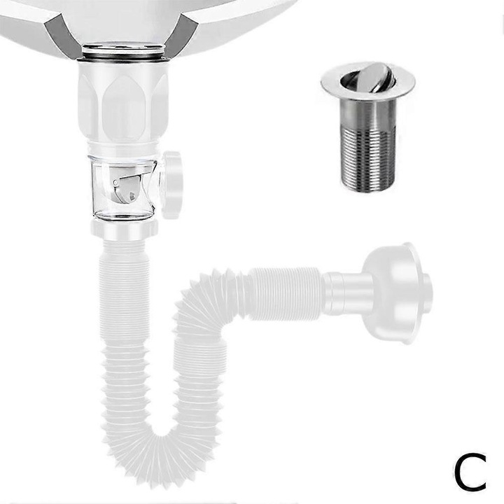 Sifon chiuveta flexibil / tub de scurgere universal, din ABS, cu sita anti-infundare din inox si garnitura din silicon, anti-miros si anti-scurgere, Alb, 42-95 cm, 1 buc