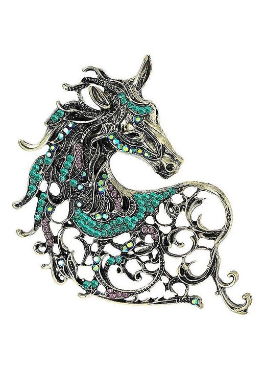 Brosa din aliaj placat cu aur, cu cristale multicolore, model cap de cal stilizat, verde, 6.4 x 4.5 cm