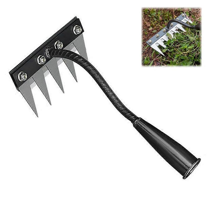 Kerti gereblye, kézi kultivátor vasból, 5-8 fog, ergonomikus nyél 31 cm, fekete, 1 db