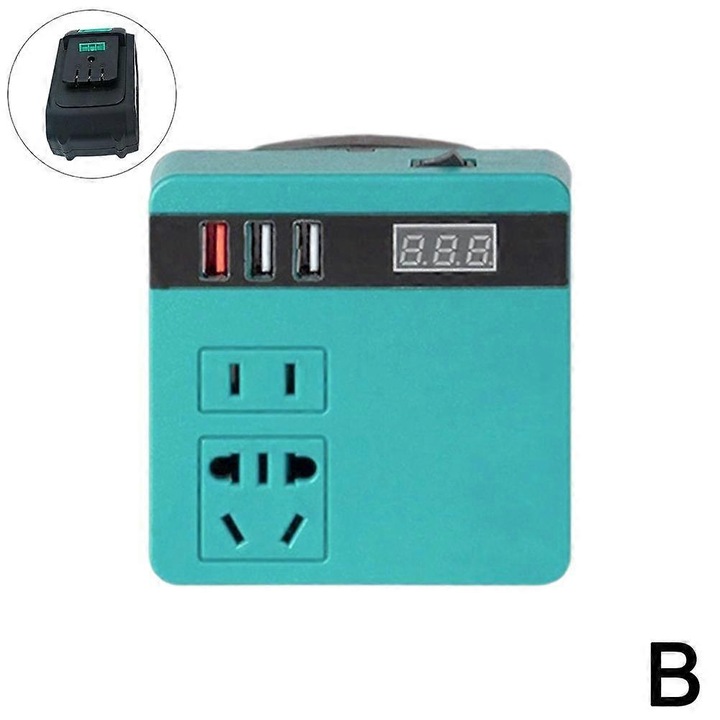 Inverter 120W DC-AC akkumulátoros szerszámokhoz, DC 18-21V-ról AC 220V-ra átalakító, 2 USB + QC3.0, 300W csúcsteljesítmény, intelligens védelem, Kék, 1 db