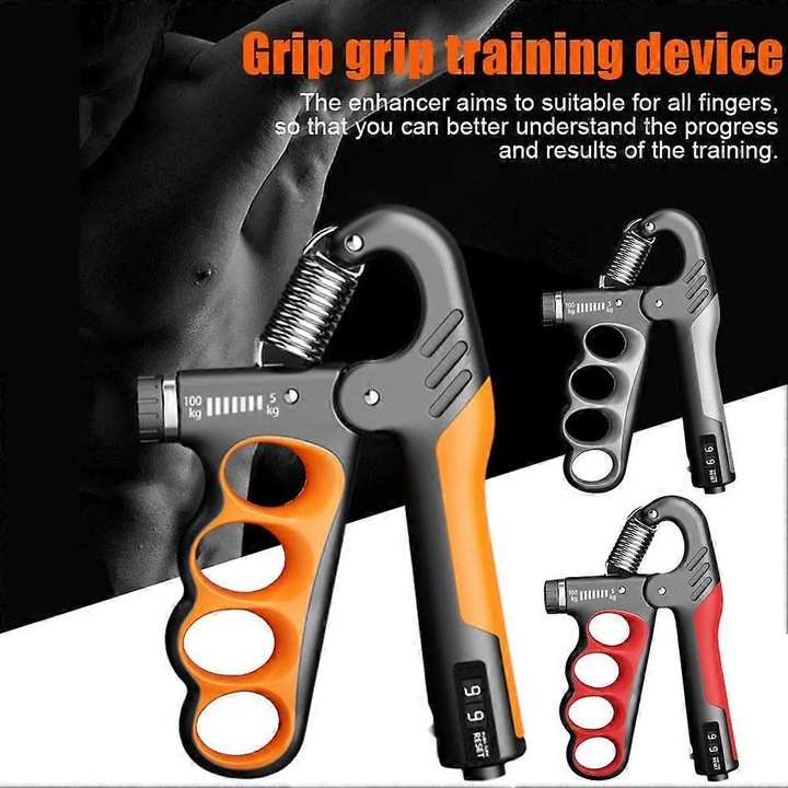 Antrenor prindere maini, exercitator de forta din polipropilena, reglabil 5-100 kg, contor mecanic, ergonomic, rosu, 16x11 cm