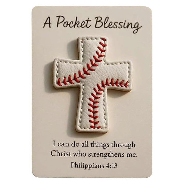 Card de binecuvantare de buzunar, felicitare de buzunar, din piele sintetica, cruce cusuta cu motiv baseball, lucrat manual, Alb, 10 x 14 cm, 1 buc