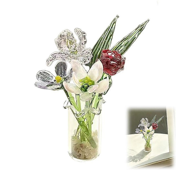 Miniatűr üveg virágkompozíció, dekoratív csokor, kézzel fújt, asztali vázában, többszínű, 10 cm, 1 szett