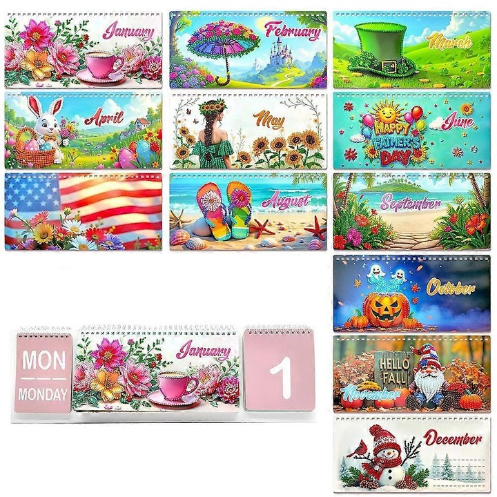 Calendar de birou/Calendar de masa diy cu pictura cu diamante, 12 luni reutilizabil, set complet cu diamante colorate, pix aplicator si pad adeziv, hartie groasa 50x16x6.5 cm, multicolor