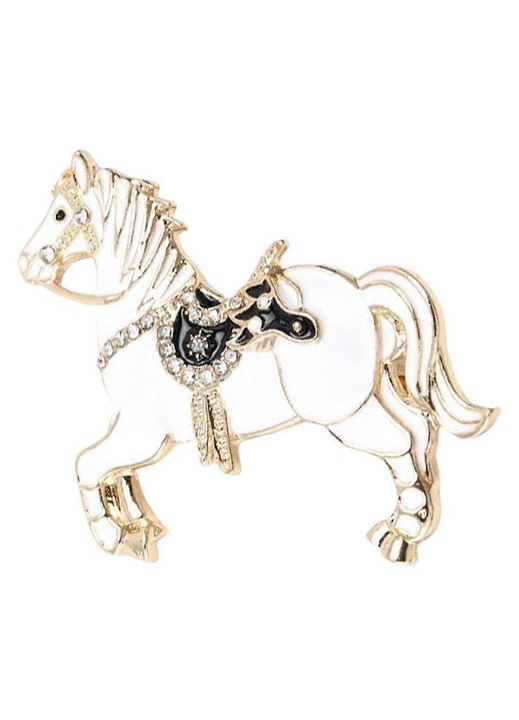 Brosa din metal emailat cu cristale, stil vintage european, model Cal, Alb, 4.7x4.9 cm