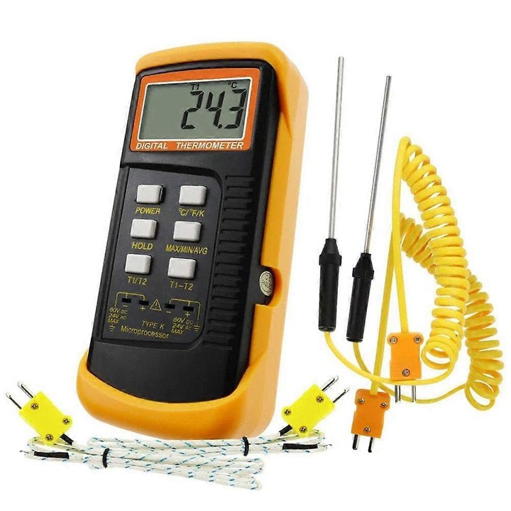 Termometru digital, aparat de masurare temperatura cu intrare dubla K-type, gama -50°C–1300°C, afisaj LCD 5 cifre, negru/galben, 1 buc