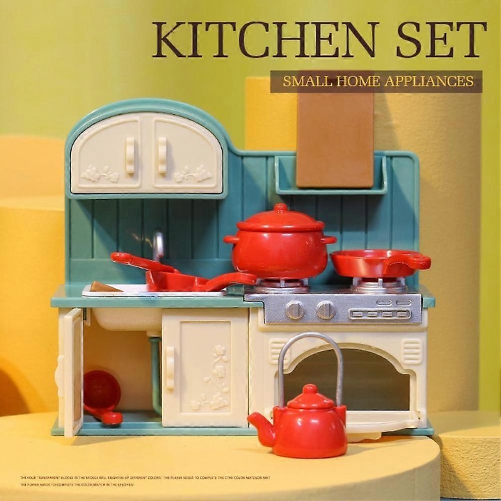 Set mobilier miniatural bucatarie pentru papusi, set jucarii din plastic, cu detalii realiste, Multicolor, 25x20x15 cm