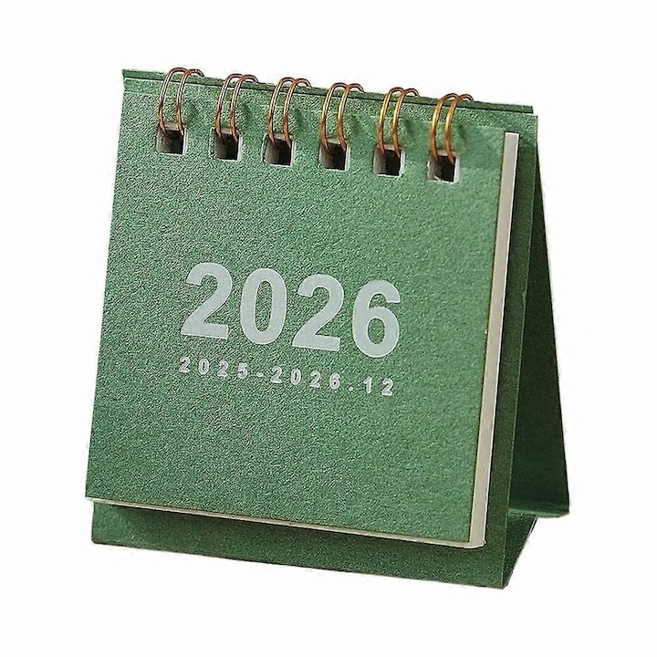 Calendar de birou 2026 Mini, calendar de masa cu spirala, imprimare font mare, hartie 6.5x3x7 cm, verde, 1 buc