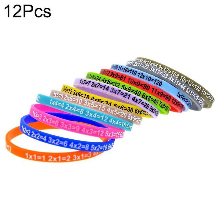 Bratara din silicon educativ cu tabele de inmultire, Set 12 bucati, Multicolor, 180x5x2 mm