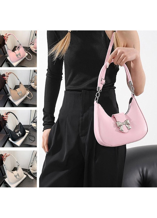 Geanta crossbody/poseta de umar, piele ecologica, cu detaliu funda metalica si curea reglabila, Negru, 21x17.5x7 cm