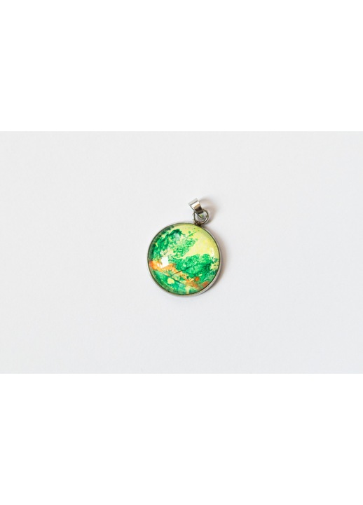 Pandantiv verde, model botanic, pictat manual, 20 mm, baza inox