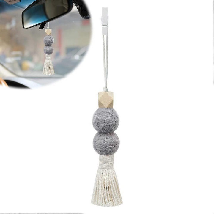 Odorizant auto/difuzor de arome handmade din margele de lemn si bile din fetru, cu ciucure, cu functie de difuzare a uleiurilor esentiale, gri/bej, 1 buc