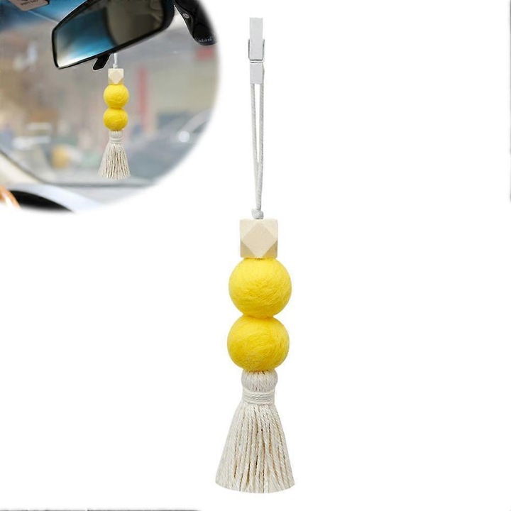 Odorizant auto handmade, bile lemn si bile fetru, ciucuri, natural, multifunctional
