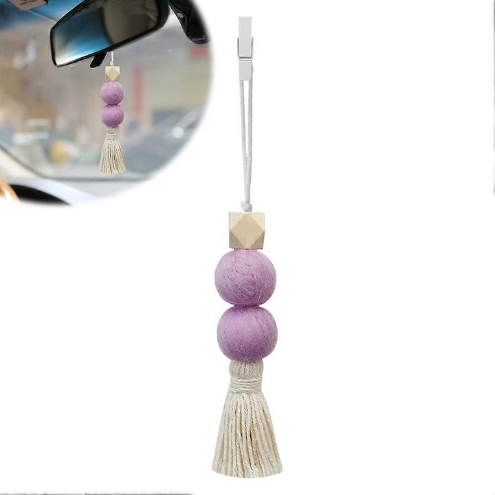 Odorizant auto din lemn si bile din fetru cu ciucuri, decorativ, multifunctional, maro, 10x5cm