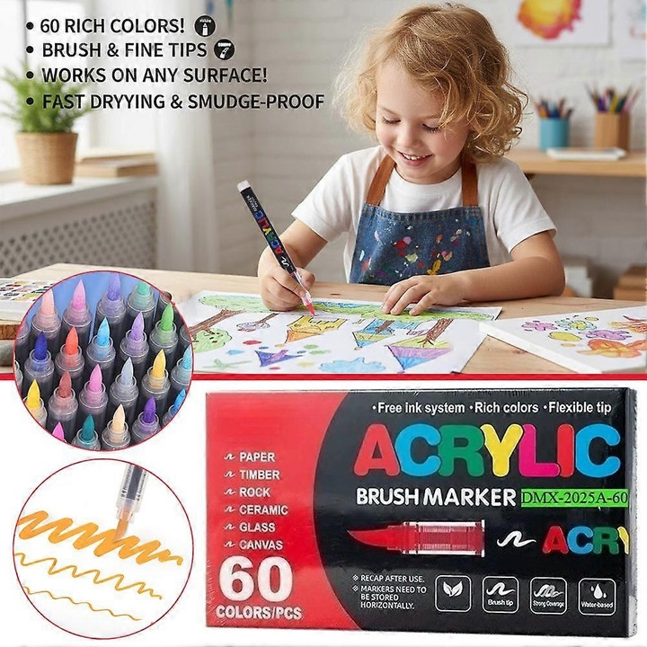 Set markere acrilice DMX-2025A-60, sistem de alimentare cu cerneala continua, varf de pensula foarte fin, Multicolor, 60 bucati