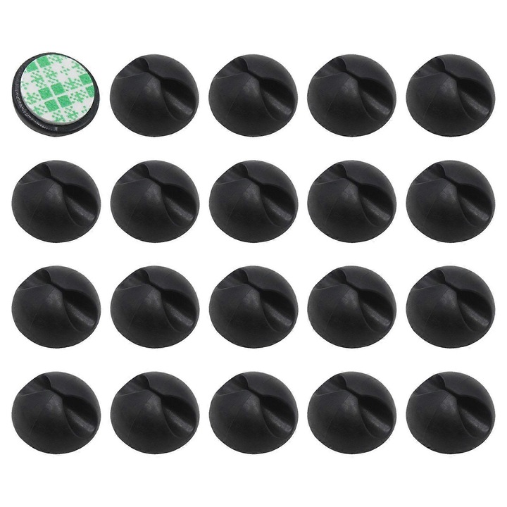 Set 20 bucati, Clipuri pentru cabluri / organizator cabluri din silicon, cu banda adeziva pe spate, pentru cabluri scurte, Negru, 20 buc