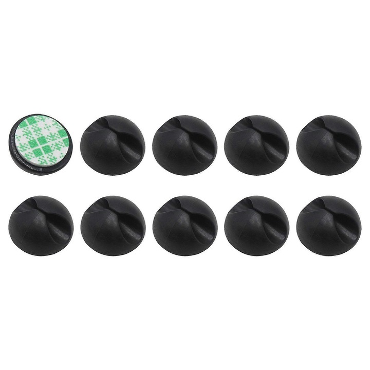 Cleme organizatoare pentru cabluri, clipsuri din silicon cu banda adeziva, potrivite pentru cabluri scurte si casti, negru,10 bucati, 1.5x0.8 cm