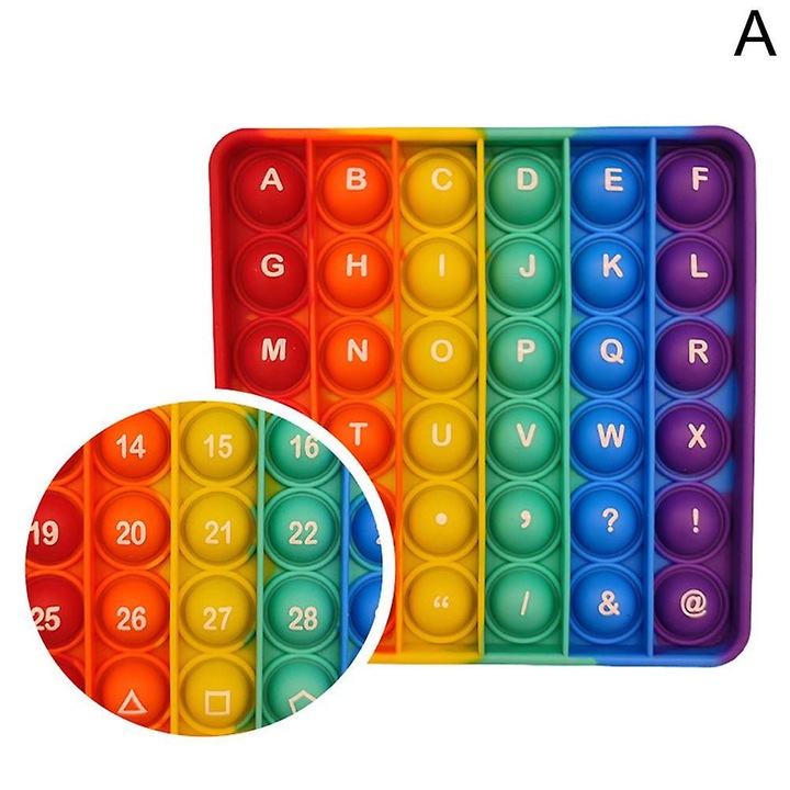 Jucarie senzoriala fidget antistres Push Pop Rainbow, din silicon, cu litere si numere pentru antrenament cognitiv si relaxare, Multicolor, 12x12x1.5cm