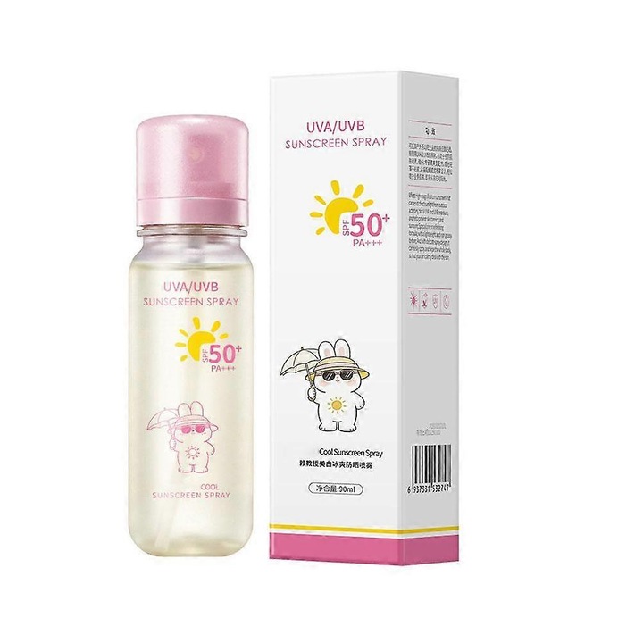 Охлаждащ слънцезащитен спрей SPF50+ PA+++, пулверизатор, с охлаждащо усещане и лека текстура, водоустойчив и устойчив на изпотяване, подходящ за чувствителна кожа, Розов, 90мл