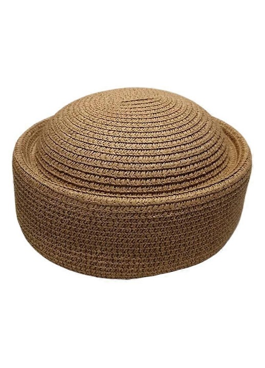 Palarie din paie naturala pentru femei cu coroana plata si bor intors, kaki, marime unica (56-58 cm)