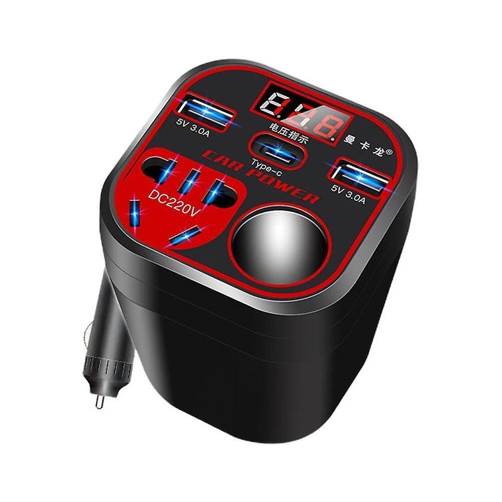 Autó inverter 12V 24V 200W USB 3 port LED 6.7x7.5x5.5cm
