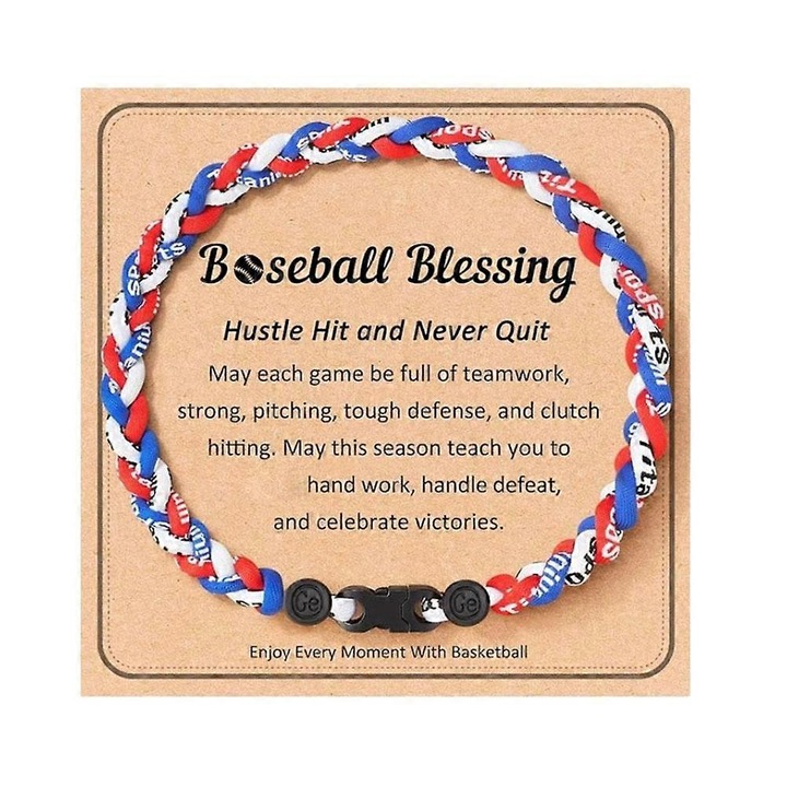 Colier sport din silicon cu mesaj inspirational si card cadou, cu inchidere cu catarama, baseball Blessing, alb/albastru/rosu, marime universala