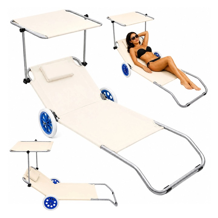 Sezlong pliabil pentru gradina cu roti si copertina, 150 x 60 cm, alb, Lean 30547