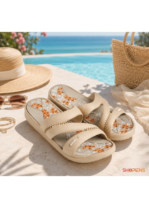Papuci Dama Bej Tip Slides Cu Barete Triple Talpa Cu Flori Portocalii Marimea 39-40 Incaltaminte Lejera Din EVA Pentru Sezon Cald Concediu Piscina Plimbari Shopiens®