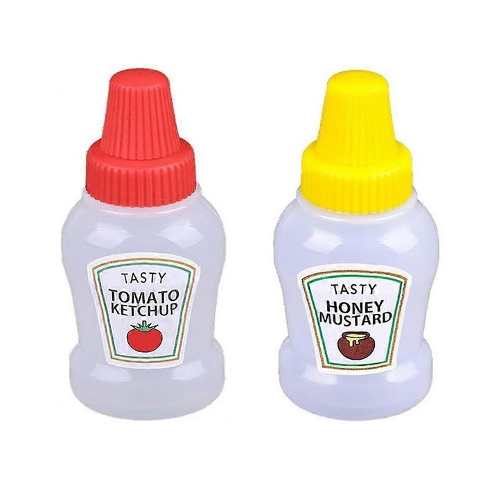 Флакони дозатори за сос 25ml, преносими, от PE/PP, полупрозрачни с червени/жълти капачки, 2 броя