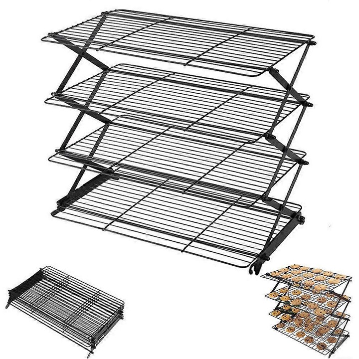 Grila de racire si suport de racire 4 nivele din fier, pliabila cu mecanism de blocare, multifunctionala pentru coacere si uscare, negru, 1 set