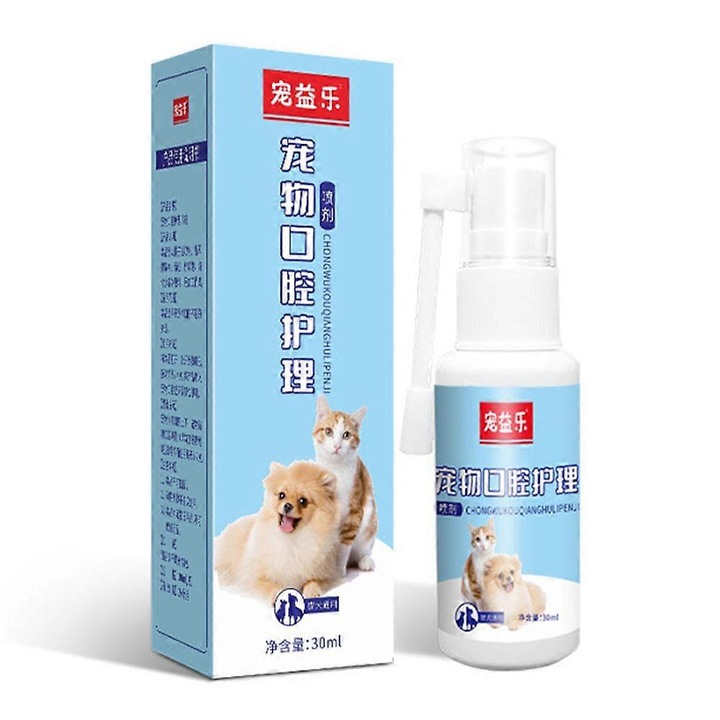 Spray pentru igiena orala / spray dentar pentru caini si pisici, indeparteaza pete dentare si reduce respiratia urat mirositoare, cu extract de portocale si inulina, alb/albastru, 30ml