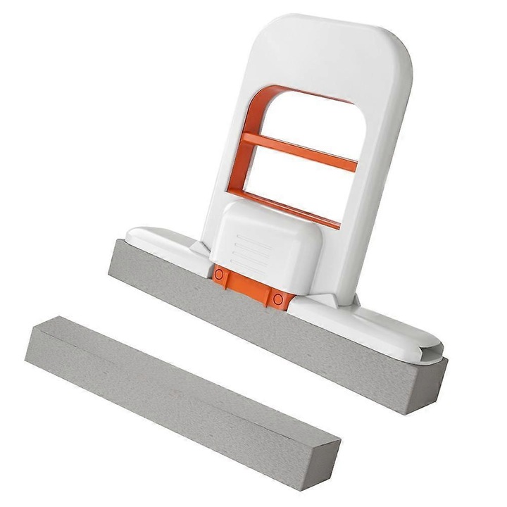Mop mini pliabil de birou, cu cap din bumbac si burete, cu maner storcator pentru o mana, pentru baie/masina, alb, 1 buc, 15x13 cm