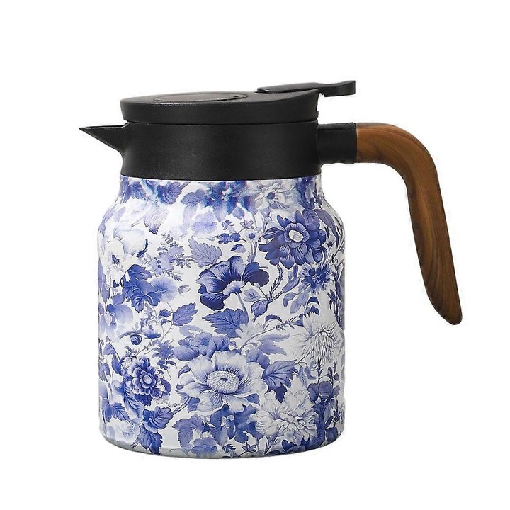 Ceainic termos, vas termoizolant din inox cu infuzor, imprimeu floral alb/albastru, 1000ml