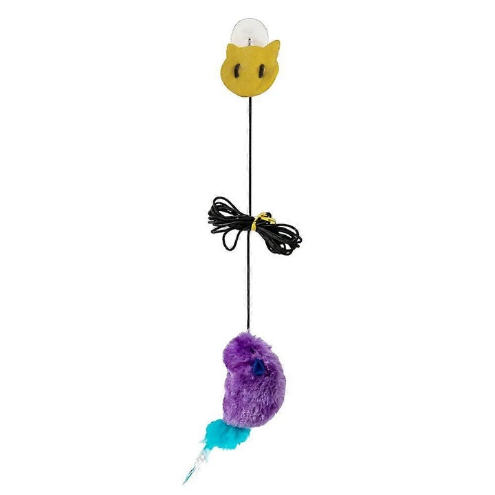 Jucarie pentru pisici atarnatoare, jucarie interactiva din plus, cu sunet realist fara baterii, cord elastic reglabil 2 m, montare adeziva fara urma, mov, 1 buc