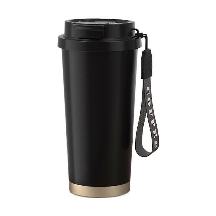 Termosz bögre utazáshoz, termosz pohár, rozsdamentes acél kerámia belsővel, szívószállal és tetővel, hordozó pánttal, 530ml, fekete, 1 db