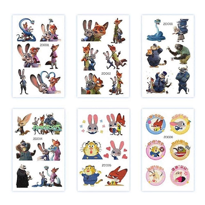 Gyermek ideiglenes tetoválások, Zootopia ideiglenes matricák, 6 modell, vízálló, bőrbarát, Többszínű, 6 lap
