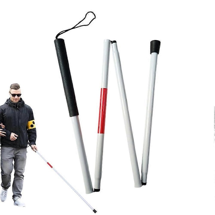 Baston pliabil din aluminiu reglabil pentru nevazatori, cu banda reflectorizanta rosie, maner ergonomic cu curea si husa, alb, 124 cm, 1 buc