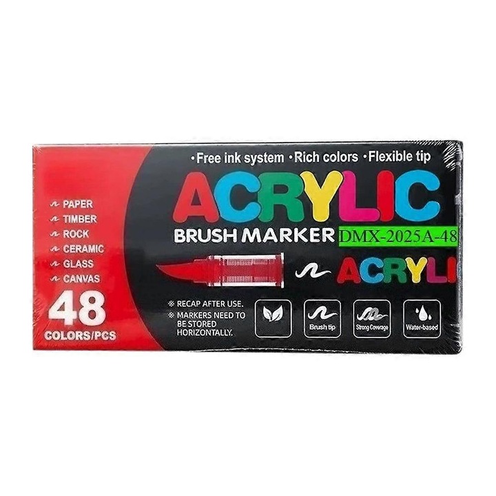 Set markere acrilice brush DMX-2025A-48, sistem de alimentare continua, varf pensula ultra-fin, multicolor, 48 culori