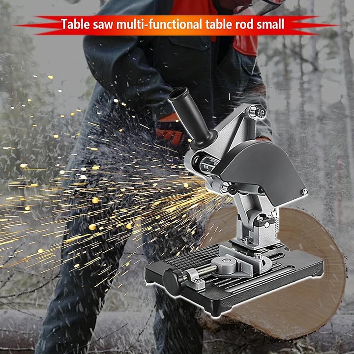 Suport pentru polizor unghiular/stand pentru polizor, Model A, din aliaj de aluminiu cu baza din fonta, reglabil 0°-45°, prindere 100 mm, adancime taiere 30 mm, Negru/Argintiu, 1 buc