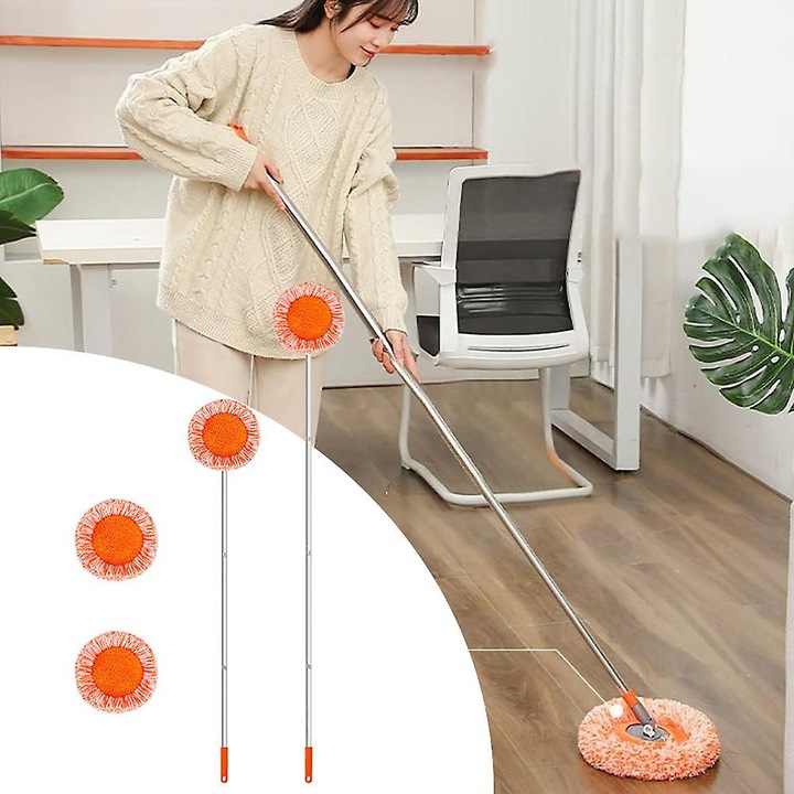 Mop rotativ 360° Tip A 140 cm, microfibra si coral fleece, maner extensibil retractabil in 3 sectiuni, cap chenille floarea-soarelui, portocaliu, 1 buc
