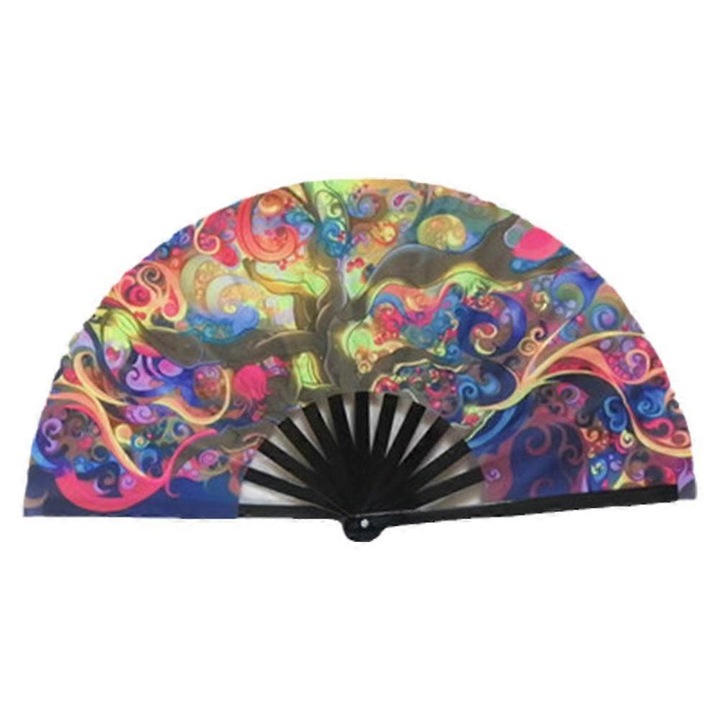 Evantai pliabil si de mana din panza fluorescenta UV, cu spite din bambus, model K4, Multicolor, 33 cm