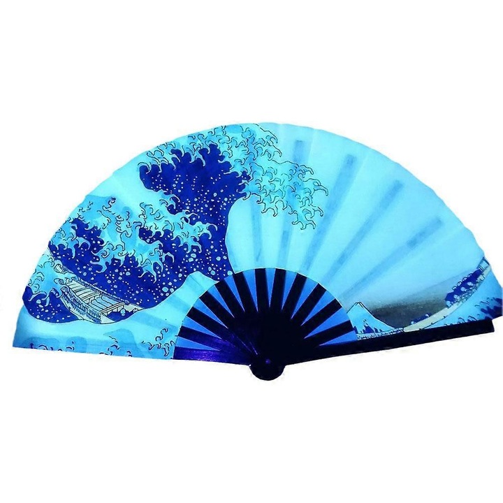 Evantai pliabil din panza fluorescenta si spite din bambus, cu efect UV stralucitor, handmade, model K4, Multicolor, 33 cm (os) / 68 cm deschis