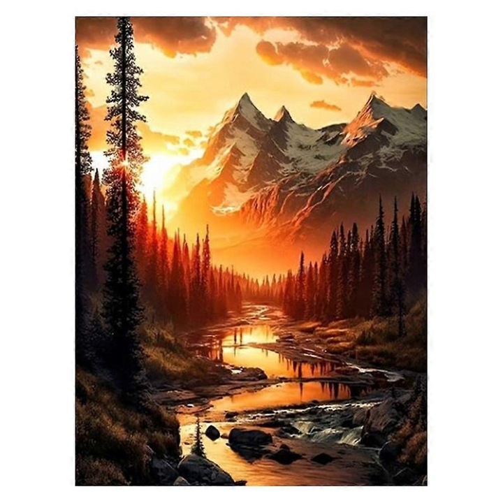 Kit pictura cu diamante 5D, Padure si cascada, acoperire completa, panza imprimata HD, pietre din rasina incluse, Multicolor, 30x40 cm, 1 set