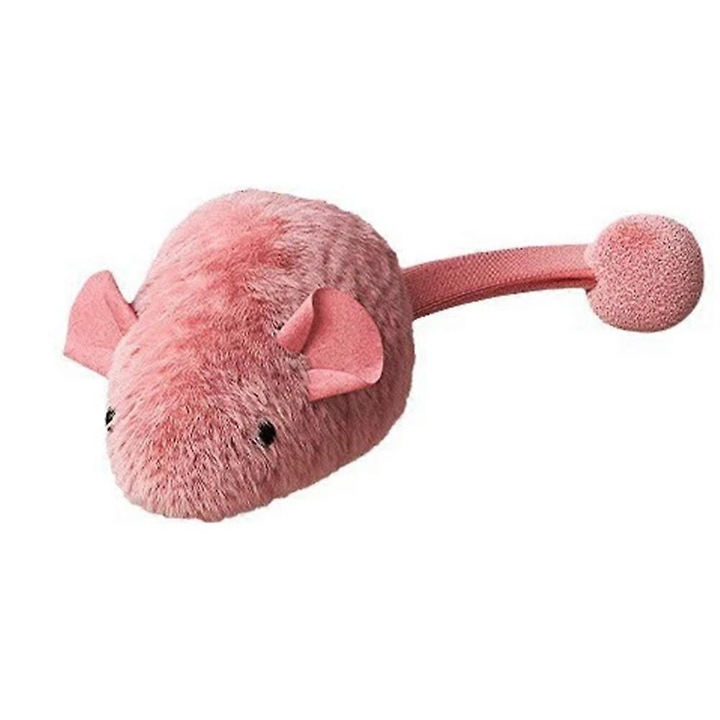 Jucarie pentru pisici, soricel de plus interactiv fluorescent pentru noapte, realist si lavabil, roz, 15 cm, 1 buc
