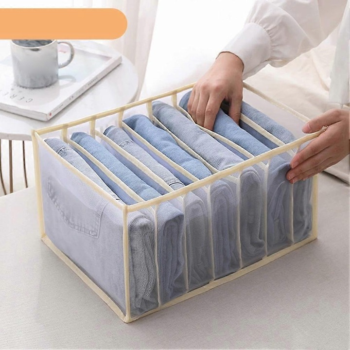 Organizator/cutie depozitare lenjerie si sosete, din plasa nylon, 7 compartimente, design sertar 3-in-1, alb, 17x36 cm, 1 buc