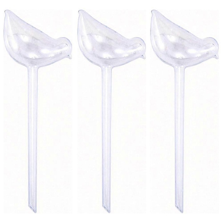 Dispozitiv de udare automata pentru plante, sistem de auto-udare din PVC usor si rezistent, in forma de pasare, transparent, 3 bucati, 15 x 10 cm