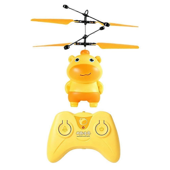 Gesztusvezérlésű drón, többszínű LED, USB töltés, sárga, 15.5x14.5x4.5cm, távirányítóval