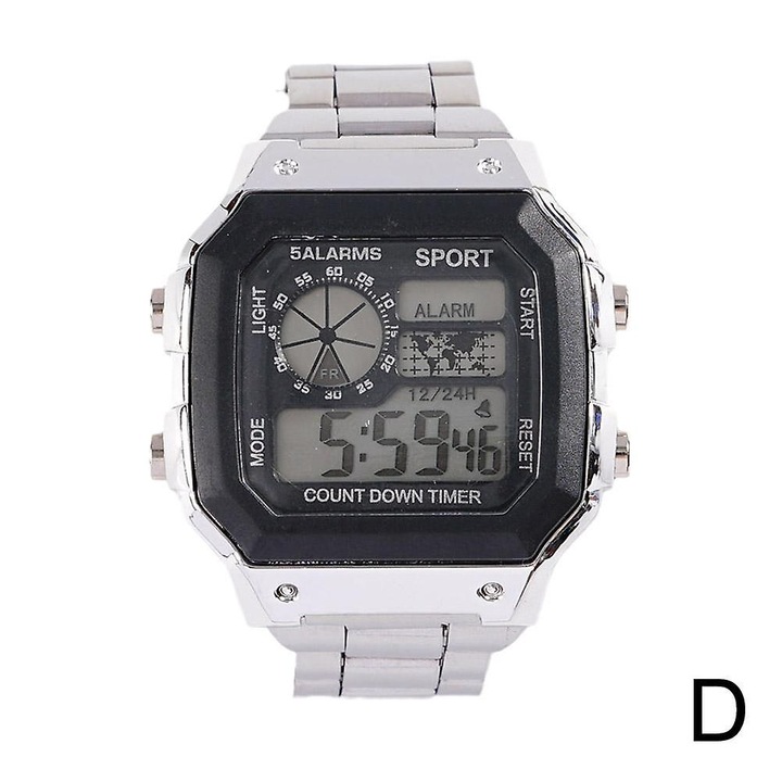 Ceas digital unisex din aliaj inoxidabil, cu display LED, multifunctional (alarma, cronometru, timer), cadran patrat, argintiu
